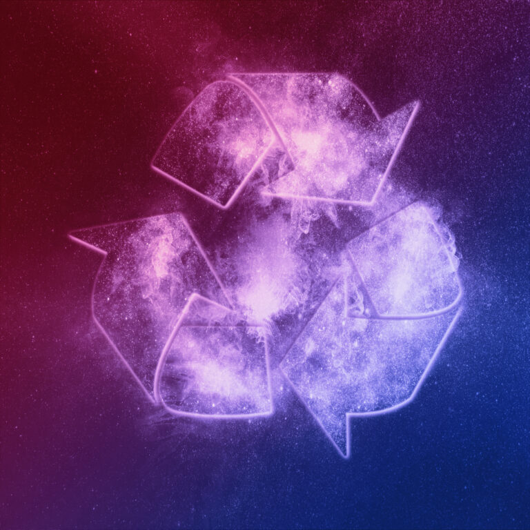 Recycle Sign Red Blue. Abstract night sky background